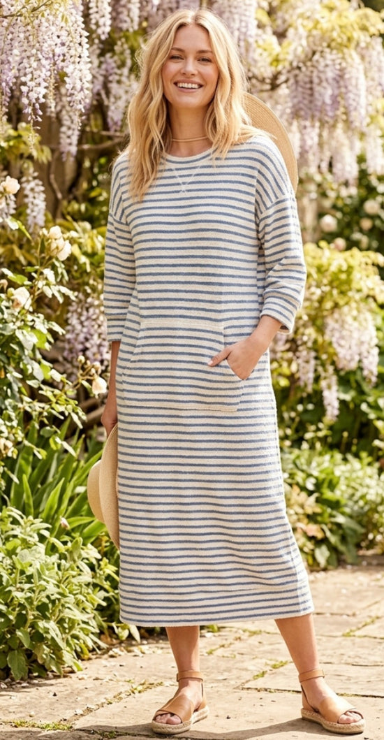 Women’s Rib Stripe Midi Dress with Front Pouch Pocket