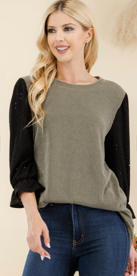 Classic Rib Top with 3/4 Eyelet Sleeves