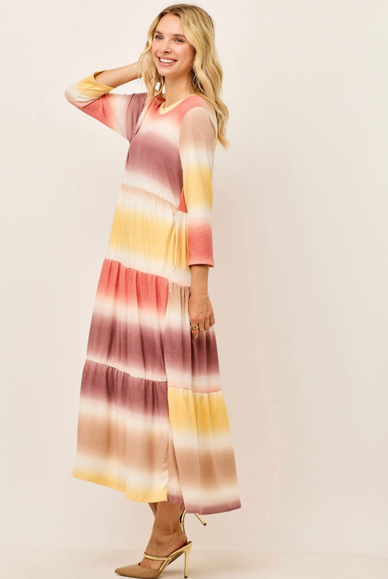 OMBRE MODEST TIERED DRESS WITH 3/4 SLEEVES