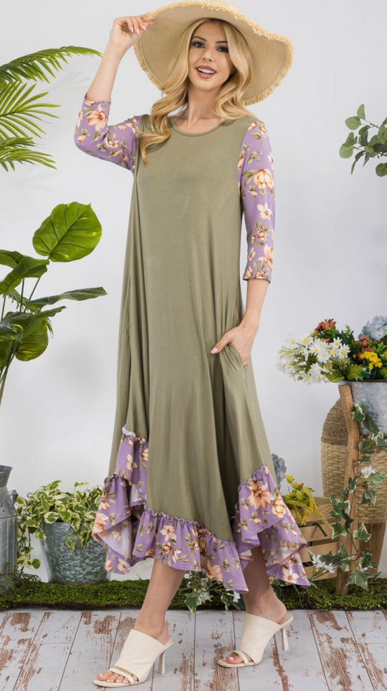 MODEST MIDI-DRESS WITH FLORAL SLEEVES AND HEMLINE
